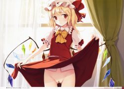 1girl absurdres ascot bandaid bandaid_on_pussy blonde_hair blush bow clothes_lift curtains day flandre_scarlet hat highres indoors ke-ta lifted_by_self mob_cap no_panties one_side_up pussy_juice red_eyes skirt skirt_lift solo tears thigh_gap touhou wings rating:Explicit score:34 user:danbooru