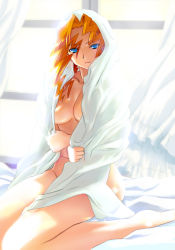  1girl bed_sheet blue_eyes breasts kneeling naked_sheet non-web_source nude red_hair solo  rating:Questionable score:4 user:danbooru