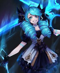 1girl ahoge aikidork_(aikidai) artist_name black_background black_bow black_dress black_gloves bow breasts collarbone detached_sleeves dress drill_hair gloves glowing green_eyes grey_dress grin gwen_(league_of_legends) hair_bow highres league_of_legends long_hair medium_breasts puffy_short_sleeves puffy_sleeves scissors short_sleeves smile solo teeth twin_drills twintails rating:Sensitive score:6 user:danbooru
