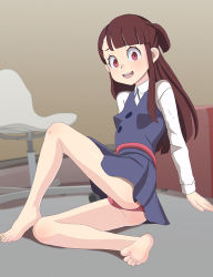 1girl aruman ass breasts brown_hair feet highres kagari_atsuko little_witch_academia long_hair looking_at_viewer open_mouth panties pantyshot red_eyes red_panties skirt small_breasts smile soles solo toes underwear rating:Sensitive score:79 user:FabricioDias