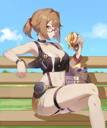 1girl :t absurdres bag bare_arms bare_legs bare_shoulders bench black_tank_top blue_sky breasts brown_hair burger cleavage cloud commentary_request commission crop_top cuffs day feet_out_of_frame food girls&#039;_frontline glasses grizzly_mkv_(girls&#039;_frontline) gun hand_up handgun highres holding holding_food large_breasts looking_at_viewer midriff navel no.1_machine ponytail purple_eyes red-framed_eyewear second-party_source short_hair short_shorts shorts sitting sky solo stomach tank_top thigh_strap thighs weapon wrist_cuffs yellow_shorts 