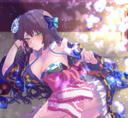  1girl arm_support assault_lily blue_flower blue_kimono blurry blurry_background blush bow breasts bug butterfly butterfly_hair_ornament checkered_clothes checkered_kimono cleavage closed_mouth commentary_request cowboy_shot depth_of_field fingernails flower frilled_kimono frills funada_kiito fur_collar green_eyes hair_flower hair_ornament hand_on_own_cheek hand_on_own_face hands_up head_rest highres indoors insect japanese_clothes kimono large_breasts light_particles long_hair long_sleeves looking_at_viewer lying naridon off_shoulder official_alternate_costume on_floor on_side pink_bow purple_hair short_kimono single_bare_shoulder smile solo tatami white_butterfly wide_sleeves 