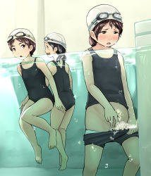  3girls bad_id bad_pixiv_id bar_censor black_hair blush brown_eyes brown_hair censored clothes_pull clothing_aside female_masturbation flat_chest highres loli masturbation matching_hair/eyes multiple_girls one-piece_swimsuit_pull original partially_submerged partially_underwater_shot pool public_indecency public_masturbation pulled_by_self pussy rensyu spread_pussy standing stealth_masturbation swimsuit swimsuit_aside tagme water water_masturbation  rating:Explicit score:570 user:little_pussies_running_riot