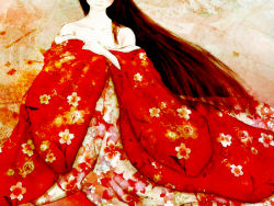  1girl breasts brown_hair cleavage female_focus japanese_clothes kimono long_hair mayo_(marlboroo) original pale_skin solo 