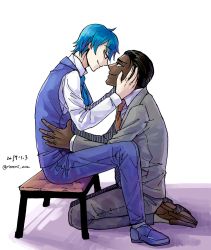 2boys akutoku_no_judgement_(vocaloid) black_hair blue_eyes blue_hair bruno_zero dark-skinned_male dark_skin dated evillious_nendaiki eye_contact formal gallerian_marlon hair_slicked_back hands_on_another&#039;s_face highres imminent_kiss kaito_(vocaloid) looking_at_another male_focus multiple_boys parted_lips rooomi sitting suit twitter_username vocaloid waist_hold waistcoat yaoi rating:Sensitive score:1 user:danbooru
