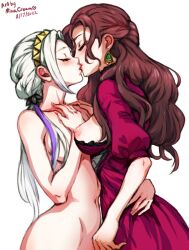  2girls black_choker braid breasts breasts_out brown_hair choker closed_eyes closed_mouth clothed_female_nude_female completely_nude dorothea_arnault dress earrings edelgard_von_hresvelg fire_emblem fire_emblem:_three_houses fire_emblem_warriors:_three_hopes hand_on_own_chest jewelry kiss long_hair low_ponytail medium_breasts mina_cream multiple_girls nintendo nipples nude official_alternate_costume official_alternate_hairstyle puffy_sleeves purple_dress tagme third-party_edit white_background white_hair yuri  rating:Explicit score:14 user:xxlalatina420xx