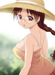  1girl bare_shoulders braid breasts brown_eyes brown_hair cleavage glasses hat highres hoshina_tomoko large_breasts long_hair looking_at_viewer solo straw_hat to_heart to_heart_(series) yuuki_shin&#039;ichi 