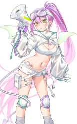  blush breasts cleavage demon_girl feet_out_of_frame gloves goggles goggles_on_head green_eyes green_gloves heart heart_tattoo highres hip_tattoo holding holding_megaphone hololive knee_pads long_hair medium_breasts megaphone navel navel_piercing piercing pointy_ears purple_gloves purple_hair see-through see-through_sleeves shorts strapless tattoo tokoyami_towa tokoyami_towa_(5th_costume) tube_top turtleneck two-tone_gloves very_long_hair virtual_youtuber white_gloves white_hood white_shorts white_shrug white_tube_top z.m._(zimin) 
