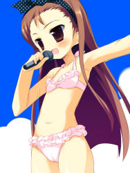  blush brown_eyes brown_hair crease flat_chest hair_ornament idolmaster loli long_hair microphone midriff navel open_mouth scan  rating:Questionable score:8 user:eeeli
