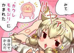  1girl animal_ears black_eyes cat_ears cat_girl coroha extra_ears geoffroy&#039;s_cat_(kemono_friends) grey_hair grey_shirt kemono_friends kemono_friends_v_project long_hair looking_at_viewer pink_background ribbon shirt simple_background translation_request virtual_youtuber yellow_ribbon 
