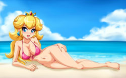  1girl arm_support armpits beach bikini bikini_top_only blonde_hair blue_eyes blush bottomless breasts cleft_of_venus cloud crown earrings female_focus jewelry large_breasts long_hair looking_at_viewer lying mario_(series) navel nintendo ocean on_side open_mouth pink_bikini princess_peach pussy sigurd_hosenfeld smile super_mario_bros._1 swimsuit uncensored water  rating:Explicit score:52 user:Imawesome9812