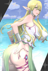 1girl artist_name ass ass_focus bare_shoulders beach blonde_hair blouse bracer breasts commentary_request covered_erect_nipples earrings elf from_behind green_eyes green_skirt hair_between_eyes highres jewelry kotoyoshi_yumisuke large_breasts leaning_forward long_hair looking_at_viewer looking_back mature_female nail_polish original outdoors panties parted_lips perky_breasts pinching pointy_ears puffy_nipples purple_nails ringed_eyes shirt side_slit sidelocks skindentation skirt sleeveless sleeveless_shirt solo thigh_strap underwear very_long_hair white_panties white_shirt rating:Questionable score:56 user:danbooru