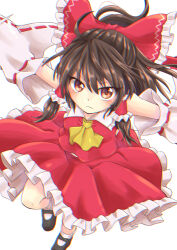  1girl absurdres ascot black_footwear bow brown_eyes brown_hair commentary detached_sleeves frilled_bow frilled_hair_tubes frills hair_bow hair_tubes hakurei_reimu highres light_blush light_frown long_hair mary_janes ramie_(ramie541) red_bow red_skirt ribbon-trimmed_sleeves ribbon_trim shoes skirt skirt_set socks solo touhou white_socks yellow_ascot 
