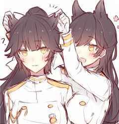  2girls adjusting_another&#039;s_hair animal_ears atago_(azur_lane) azur_lane black_hair blunt_bangs blush bow buttons closed_mouth double-breasted extra_ears feet_out_of_frame fox_ears gloves hair_bow hair_flaps hairstyling jacket long_hair long_sleeves military military_uniform multiple_girls open_mouth ponytail shirt sidelocks simple_background standing swept_bangs takao_(azur_lane) uniform upper_body white_background white_bow white_gloves white_jacket white_shirt yellow_eyes  rating:Sensitive score:17 user:idkloldude