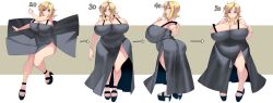  1girl absurdres alternate_breast_size ass aya_brea blonde_hair blue_eyes breasts cleavage closed_mouth curvy dress fat highres huge_breasts kouno_(masao) long_hair looking_at_viewer parasite_eve plump solo thick_thighs thighs wide_hips 
