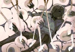  1boy black_eyes boots brown_footwear dungeon_meshi elf eyeball feet_out_of_frame fork gapamopa grey_hair hair_over_one_eye highres korean_commentary looking_up medium_hair mithrun parted_lips pointy_ears shade shirt solo thigh_boots 