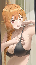  1girl :o absurdres adjusting_bra adjusting_clothes ahoge arm_up armpits black_bra bra braid braided_ponytail breasts caught character_request check_character cleavage hair_ornament hairclip hand_in_bra highres large_breasts long_hair looking_at_viewer navel open_mouth orange_hair original red_eyes solo strap_pull surprised tears underwear wavy_mouth zaq_(zaqsta) 