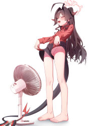 1girl absurdres ahoge bare_legs barefoot black_hair blue_archive blush cleft_of_venus closed_eyes demon_horns demon_tail fang feet female_focus full_body hair_intakes halo highres horns kasumi_(blue_archive) loli long_hair open_mouth orange_halo partially_visible_vulva red_shirt shirt shorts simple_background smile solo standing tail toes upshorts very_long_hair white_background whonyang rating:Questionable score:140 user:danbooru
