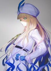  1boy blonde_hair blue_eyes blue_gloves blue_hair blunt_bangs closed_mouth fate/grand_order fate/grand_order_arcade fate_(series) gloves hat_feather highres jacket long_hair long_sleeves looking_at_viewer male_focus military military_uniform multicolored_hair naval_uniform noah_(fate) shirt simple_background solo turban uniform very_long_hair waterstaring white_jacket 