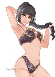  1girl absurdres arm_behind_head armpits baldur&#039;s_gate baldur&#039;s_gate_3 black_bra black_hair black_panties blunt_bangs bra braid braided_ponytail breasts closed_mouth commentary dungeons_&amp;_dragons elf english_commentary gold_trim green_eyes hand_in_own_hair highres lips long_hair looking_at_viewer medium_breasts navel panties pink_lips pixie_(pixieinktvis) pointy_ears scar scar_on_face shadowheart_(baldur&#039;s_gate) simple_background smile solo stomach underwear white_background  rating:Sensitive score:72 user:danbooru