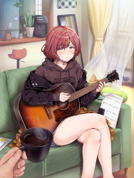 1boy 1girl acoustic_guitar amagasa_ikuta black_jacket blue_shorts blush cellphone coffee coffee_maker couch crossed_legs cup curtains feet_out_of_frame guitar highres higuchi_madoka holding holding_cup hood hoodie idolmaster idolmaster_shiny_colors indoors instrument jacket jacket_partially_removed looking_at_viewer mirror mole mole_under_eye music nail_polish on_couch phone playing_instrument pov pov_hands red_hair refrigerator sheet_music short_hair shorts sweatdrop thighs rating:General score:23 user:danbooru