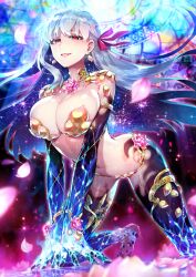  1girl armor bare_hips bikini_armor breasts earrings fate/grand_order fate_(series) floating_hair foot_out_of_frame gradient_skin hair_ribbon jewelry kama_(fate) kama_(third_ascension)_(fate) large_breasts long_hair looking_at_viewer official_art red_eyes redrop ribbon smile solo third-party_source very_long_hair wide_hips 