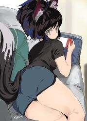  1girl akkasayu animal_ear_fluff animal_ears ass black_hair black_shirt blue_hair blue_shorts breasts commentary commission couch dolphin_shorts english_commentary fox_ears fox_girl fox_tail from_behind handheld_game_console highres holding holding_handheld_game_console looking_at_viewer looking_back medium_breasts medium_hair multicolored_hair nintendo_switch original shirt shorts solo streaked_hair tail yellow_eyes 