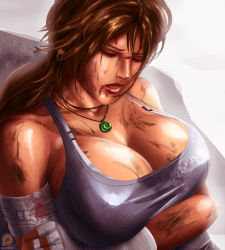  1girl bandages bare_shoulders blood breast_hold breasts brown_hair cleavage jewelry lara_croft large_breasts light long_hair necklace tomb_raider tomb_raider_(reboot)  rating:Questionable score:45 user:tidus200178