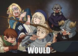  2girls 4boys ambrosia_(dungeon_meshi) armor artist_name beard beard_over_mouth beret blonde_hair blue_headwear brown_hair chilchuck_tims cioccolatodorima closed_eyes commentary dungeon_meshi dwarf english_commentary everyone facial_hair fake_horns falin_touden halfling hat helmet holding holding_microphone holding_staff horned_helmet horns impact_(font) laios_touden leather_armor long_beard looking_at_another mage_staff marcille_donato meme microphone multiple_boys multiple_girls photo-referenced senshi_(dungeon_meshi) short_hair siblings staff thick_mustache thistle_(dungeon_meshi) upper_body very_long_beard wok would_(meme)  rating:General score:18 user:danbooru
