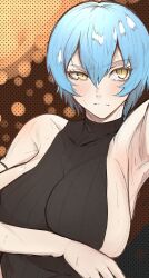  1girl absurdres angela_(project_moon) armpit_crease armpits bare_shoulders blue_hair breast_lift breasts highres large_breasts library_of_ruina lobotomy_corporation nb8c project_moon raised_eyebrow short_hair sideboob slit_pupils solo sweatdrop yellow_eyes  rating:Questionable score:16 user:danbooru