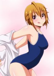  1girl ahoge artist_request black_eyes character_request copyright_request jacket one-piece_swimsuit orange_hair removing_jacket short_hair simple_background solo swimsuit tagme tongue tongue_out  rating:Questionable score:3 user:lol249999999999999