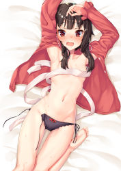 1girl :o armpits arms_up barefoot black_panties blush breasts brown_hair buttons collarbone commentary_request feet groin kono_subarashii_sekai_ni_shukufuku_wo! long_sleeves looking_at_viewer lying megumin navel on_back open_clothes open_mouth open_shirt panties pensuke red_eyes red_shirt ribbon shirt short_hair side-tie_panties sleeves_past_wrists small_breasts soles solo stomach sweat thighs toes underwear untied_panties wavy_mouth white_ribbon rating:Questionable score:78 user:danbooru
