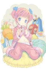  1girl absurdres barefoot belly blue_eyes blush buttons clock flat_chest flower food hair_ornament hairpin highres kneeling loli long_sleeves marl_(project_witch) midriff navel open_clothes pajamas panties pantyshot pillow pocky pop_(electromagneticwave) project_witch red_hair scrunchie short_hair short_twintails solo twintails unbuttoned underwear white_panties  rating:Sensitive score:21 user:danbooru