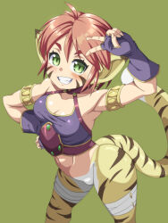  1girl animal_ears breasts breath_of_fire breath_of_fire_ii bustier cat_ears facial_mark gloves green_eyes highres looking_at_viewer orange_hair pointy_ears rinpoo_chuan short_hair simple_background solo tail tsuna_(al_dente) 