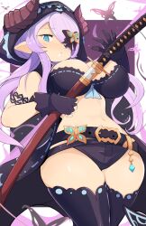  1girl belt black_belt black_gloves black_thighhighs blue_eyes breasts brown_horns butterfly_hair_ornament cleavage commentary draph english_commentary fingerless_gloves gloves granblue_fantasy hair_ornament hair_over_one_eye highres holding holding_sword holding_weapon horns jellcaps katana large_breasts long_hair looking_at_viewer midriff narmaya_(granblue_fantasy) narmaya_(the_black_butterfly)_(granblue_fantasy) navel official_alternate_costume pink_pupils pointy_ears purple_hair solo sword thighhighs thighs weapon 