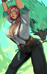 1girl absurdres arms_up blue_eyes breasts cleavage dark-skinned_female dark_skin facial_mark female_focus fingerless_gloves forehead_mark giovanna_(guilty_gear) gloves guilty_gear guilty_gear_strive highres large_breasts looking_at_viewer puzzled_artist_(name) red_hair short_hair solo suspenders wolf