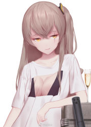 1girl brown_hair champagne_flute cup drinking_glass flat_chest girls&#039;_frontline hair_over_shoulder half-closed_eyes long_hair looking_away maredoro one_side_up print_shirt scar scar_across_eye scar_on_face shirt simple_background smirk solo ump45_(girls&#039;_frontline) weibo_watermark white_background yellow_eyes