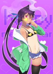  1girl 2018 :&lt; absurdres animal_ears artist_name bikini bikini_under_clothes black_bikini black_thighhighs blush body_writing breasts cat_ears cigarette covered_erect_nipples cowboy_shot denim denim_shorts facial_mark fang fang_out fps gluteal_fold green_jacket hand_in_pocket hand_up happy_new_year heart heart_facial_mark heart_print highres holding holding_cigarette jacket long_hair long_sleeves looking_at_viewer navel new_year off_shoulder one-piece_tan open_clothes open_fly open_jacket original outline pink_eyes purple_eyes purple_hair short_shorts shorts single_bare_shoulder small_breasts smoke smoking solo standing stomach swimsuit tan tanline thighhighs thong_bikini twintails unbuttoned very_long_hair white_outline 