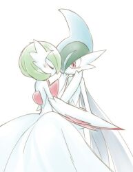  arm_blade bad_id bad_pixiv_id bob_cut closed_eyes colored_skin creatures_(company) dress gallade game_freak gardevoir gen_3_pokemon gen_4_pokemon green_hair hands_on_another&#039;s_face mega_gallade mega_gardevoir mega_pokemon nintendo pokemon pokemon_(creature) simple_background utsugi_(skydream) weapon white_background white_dress white_skin 
