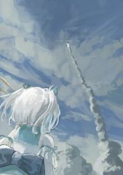  1girl back_bow blue_bow blue_ribbon blue_sky bow cloud cloudy_sky commentary_request facing_away floating_hair from_behind from_below glint h3_launch_vehicle hair_ribbon highres indie_virtual_youtuber launching olime_sian ribbon rocket shirt sky smoke_trail solo twintails upper_body usui_clear virtual_youtuber white_hair white_shirt 