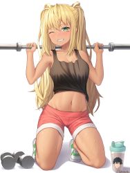1girl absurdres bad_id bad_pixiv_id bare_arms bare_legs bare_shoulders bintz black_shirt blonde_hair breasts cleavage clenched_teeth collarbone commentary_request crop_top cup dark-skinned_female dark_skin dumbbell dumbbell_nan_kilo_moteru? exercising green_eyes groin hands_up highres kneeling long_hair looking_at_viewer medium_breasts midriff navel one_eye_closed open_mouth red_shorts sakura_hibiki shadow shirt shoes short_shorts shorts sidelocks sleeveless sleeveless_shirt sneakers solo sweat tank_top tears teeth twintails twitter_username weightlifting white_background rating:Sensitive score:27 user:danbooru