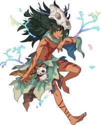  1boy acorn animal_skull artist_request barefoot bodypaint braid branch capelet claws collarbone dark-skinned_male dark_skin fang full_body green_capelet green_hair hair_over_one_eye hair_tie half-closed_eyes hao_(world_flipper) highres leg_ribbon leg_up loincloth long_hair looking_to_the_side male_focus messy_hair navel non-web_source official_art open_mouth purple_eyes rainbow_gradient red_ribbon ribbon sidelocks simple_background single_braid skull skull_on_head solo stick stitches stomach stuffed_animal stuffed_cat stuffed_toy toned toned_male tongue tongue_out topless_male torn_clothes transparent_background tribal world_flipper  rating:Sensitive score:10 user:AngryZapdos
