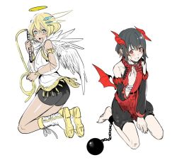  2boys :d androgynous angel angel_and_devil angel_wings armband ass bad_id bad_twitter_id ball_and_chain_restraint bare_shoulders barefoot bike_shorts blonde_hair blue_eyes blush boots collar commentary_request dark_skin dark-skinned_male demon_boy demon_horns demon_wings erubo full_body halo horns male_focus multiple_boys open_mouth red_eyes simple_background smile sweatdrop whip white_background wings 