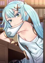  &gt;:( 1girl aqua_hair armpits bracelet breasts closed_mouth commentary_request desk dress faruzan_(genshin_impact) genshin_impact green_eyes hair_ornament highres jewelry lemon_snail library looking_at_viewer short_sleeves small_breasts solo symbol-shaped_pupils triangle-shaped_pupils twintails v-shaped_eyebrows white_dress x_hair_ornament 