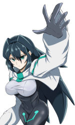  1girl aqua_eyes black_hair bodysuit breasts from_above gundam gundam_build_divers gundam_build_divers_re:rise hand_up highres large_breasts looking_up mafuyu_tora may_(gundam_build_divers_re:rise) open_hand shrug_(clothing) solo white_background 