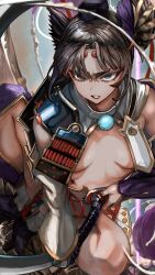  1girl absurdres armor asymmetrical_sleeves black_hair blue_eyes breast_curtains breasts clenched_teeth detached_sleeves eyeshadow fate/grand_order fate_(series) feather_hair_ornament feathers hair_ornament hat highres holding holding_sword holding_weapon japanese_armor katana kusazuri long_hair looking_at_viewer makeup medium_breasts mismatched_sleeves navel open_mouth parted_bangs purple_sleeves red_eyeshadow revealing_clothes shoulder_armor side_ponytail sode soleil_(soleilmtfbwy03) solo squatting sword tate_eboshi teeth thighs ushiwakamaru_(fate) weapon white_sleeves 