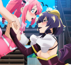  2girls ahoge armpits arms_up bat_wings blush bow breasts corset drill_hair hanabishi_haruka highres hiiragi_utena horns laughing magia_baiser magia_magenta magical_girl mahou_shoujo_ni_akogarete medium_breasts multiple_girls official_art open_mouth outdoors pink_hair purple_hair restrained ribbon screencap sideboob stitched symbol-shaped_pupils tagme tearing_up teeth third-party_edit tickling torn_clothes twin_drills twintails wings yuri  rating:Questionable score:33 user:KRider19