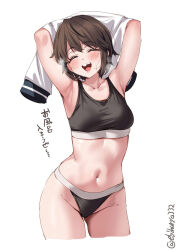  1girl armpits arms_up artist_name black_panties black_sports_bra blush breasts brown_hair collarbone cowboy_shot cropped_legs ebifurya gluteal_fold groin hair_between_eyes heavy_breathing highres kantai_collection miyuki_(kancolle) navel one-hour_drawing_challenge open_mouth panties shirt simple_background small_breasts smile solo sports_bra sweat teeth thighs translated twitter_username underwear undressing upper_teeth_only white_background white_shirt 