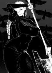  1girl absurdres black_dress breasts dress highres huge_breasts jujutsu_kaisen large_breasts long_hair mei_mei_(jujutsu_kaisen) mature_female naughty_face smile solo weapon white_hair wide_hips  rating:Sensitive score:74 user:DaBoi