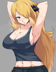 1girl alternate_costume armpits arms_behind_head arms_up bare_arms black_camisole black_pants blonde_hair breasts brown_eyes camisole cleavage collarbone creatures_(company) cynthia_(pokemon) flipped_hair game_freak grey_background hair_ornament hair_over_one_eye head_tilt highres large_breasts long_hair looking_at_viewer midriff_peek navel nintendo pants parted_bangs parted_lips pocket pokemon pokemon_dppt shimure_(460) sideboob simple_background solo stomach sweat upper_body very_long_hair rating:Sensitive score:63 user:danbooru
